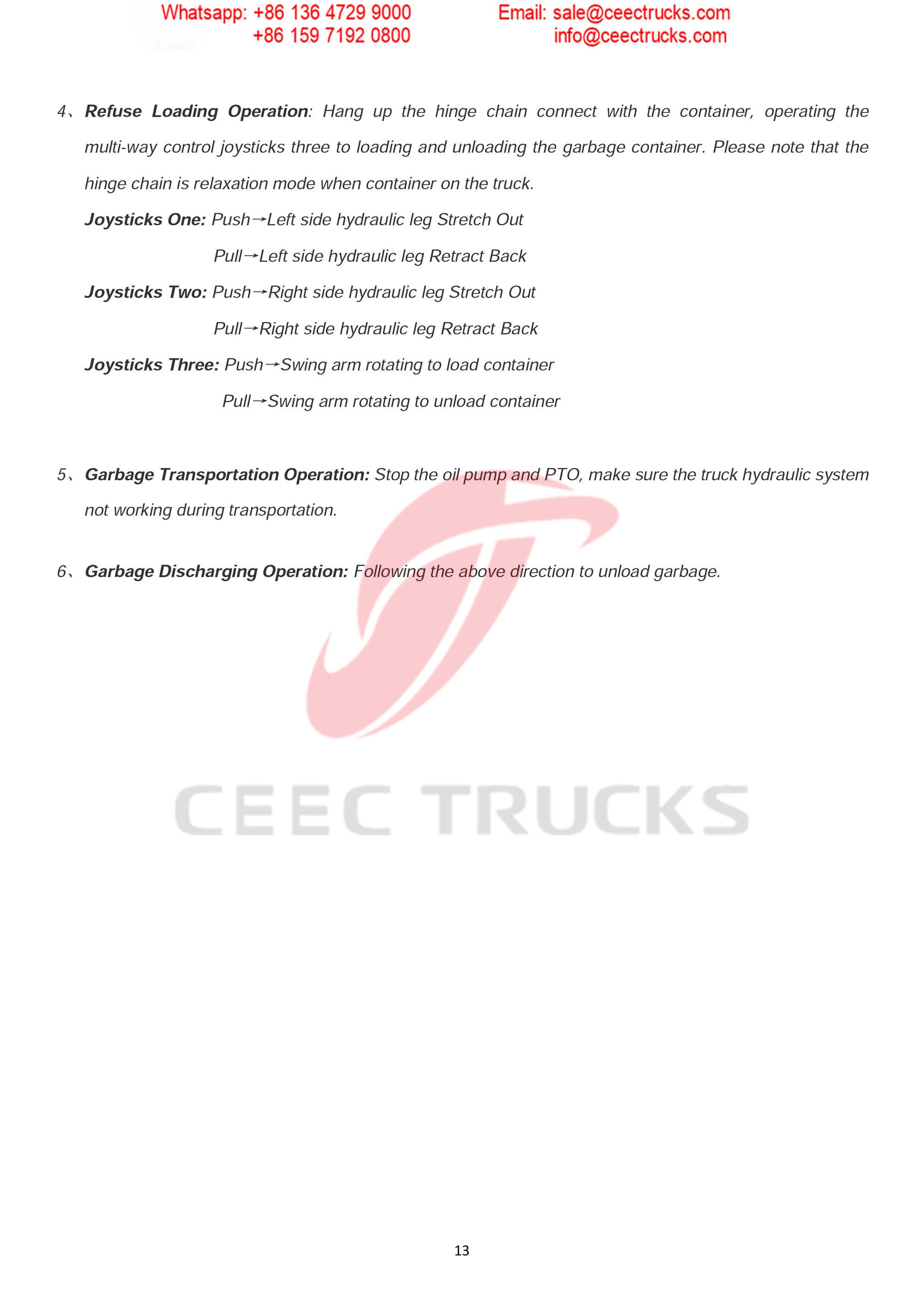 ISUZU 6CBM skip refuse truck Operation Manual