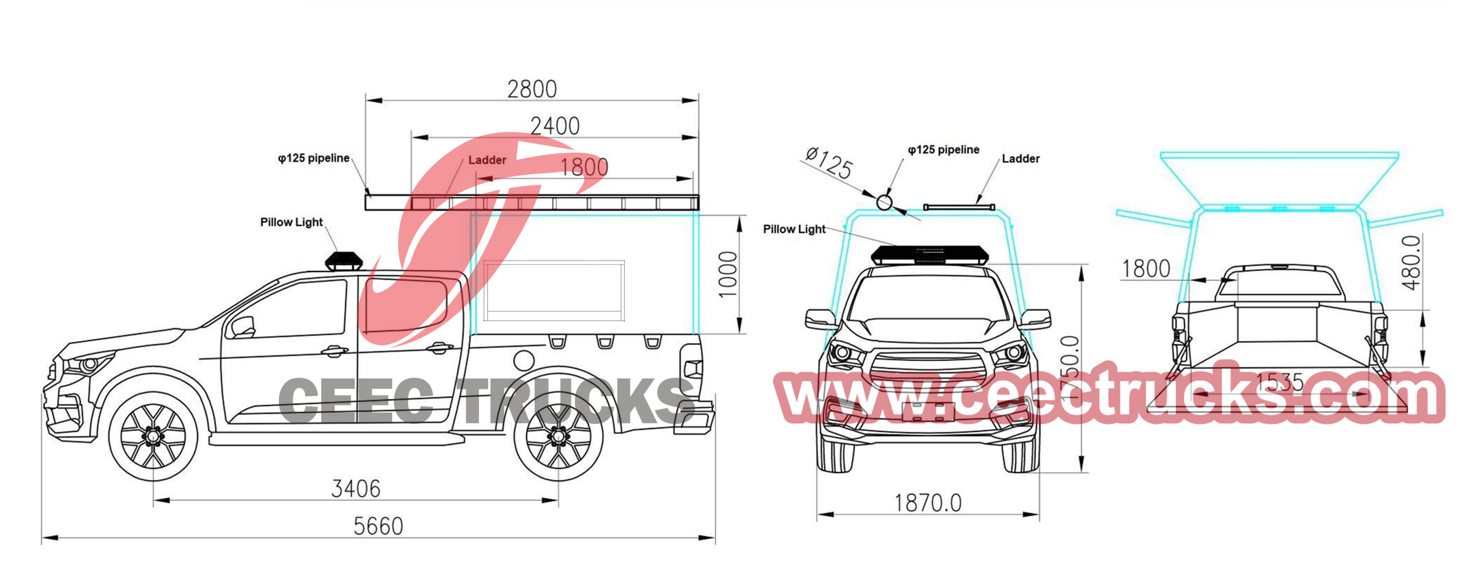 Technical drawing of Isuzu 4x4 mobile service puckup