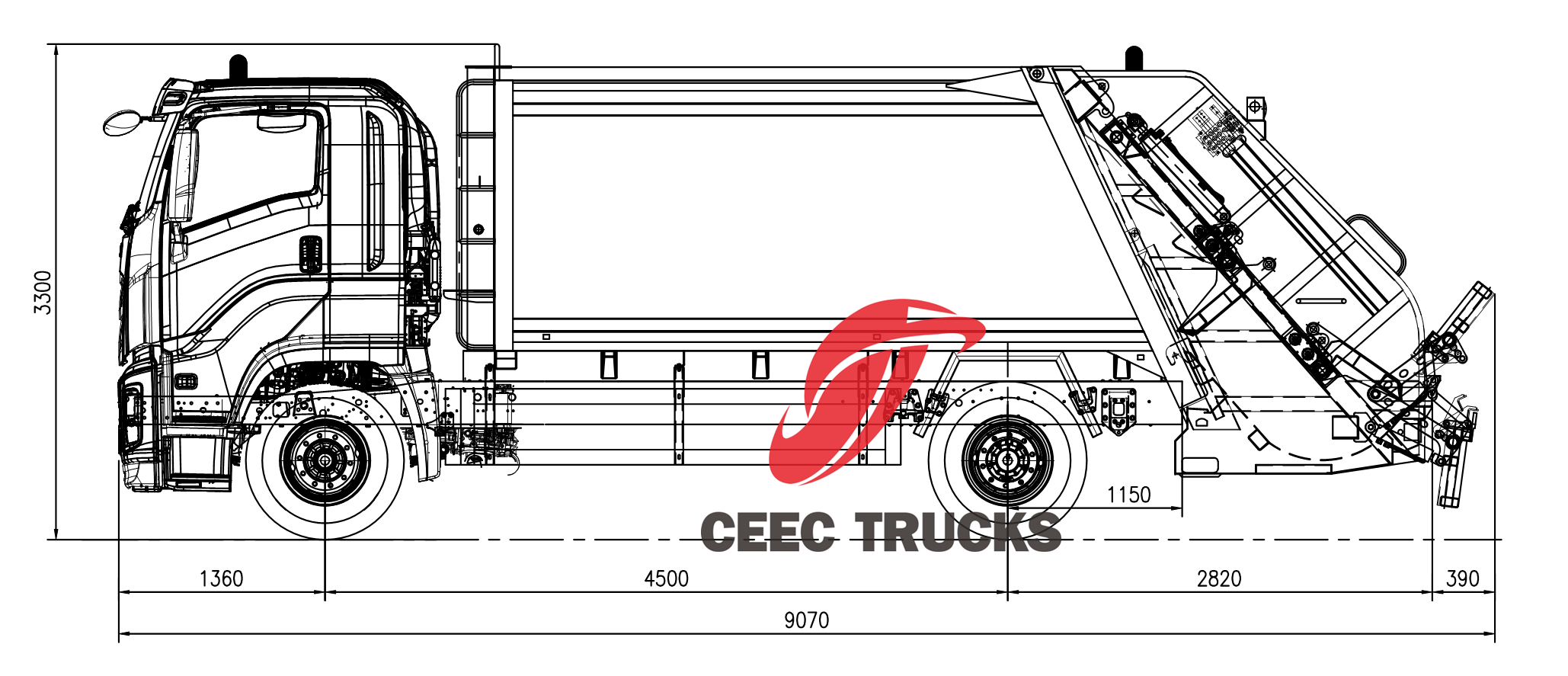 Technical drawing of Isuzu FVR GIGA trash collector truck