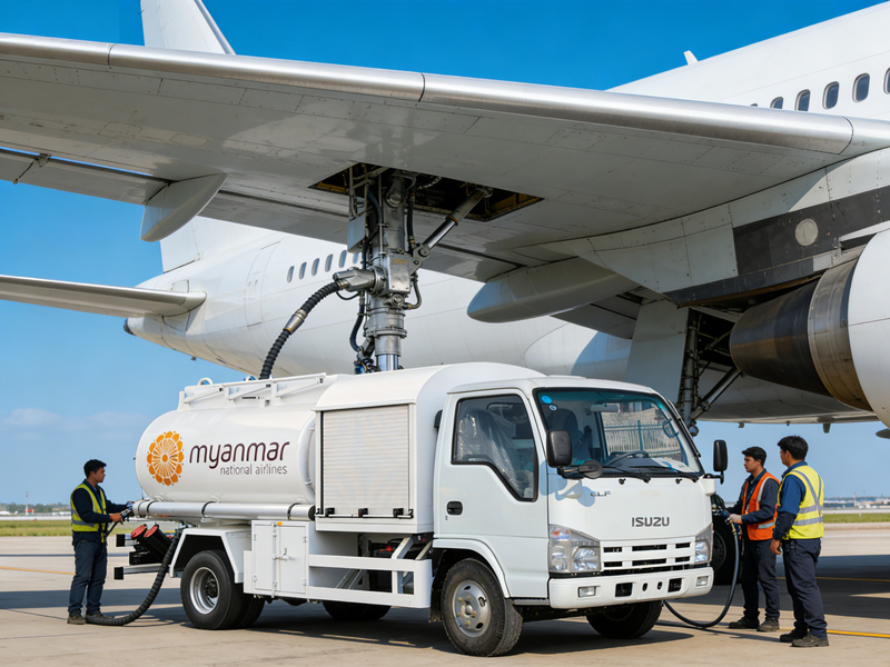 Isuzu aviation fuel tanker truck with underwing refueling process