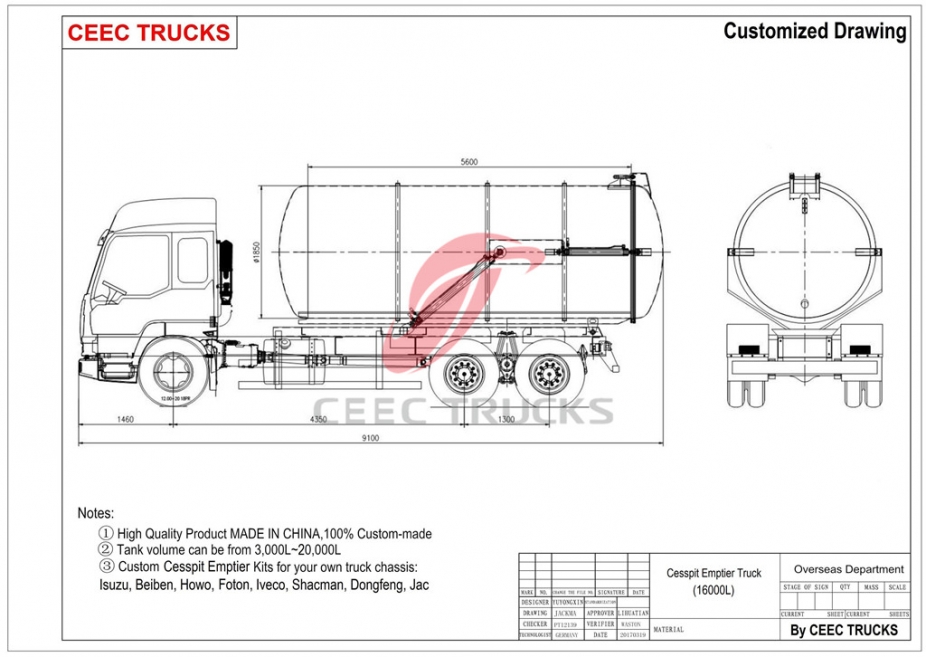 Dongfeng 16CBM camion cisterna con aspirazione delle acque reflue sotto vuoto